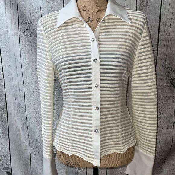 Cyber Y2K French Designer Cream/Ivory White Sheer Striped Blouse size 10 - Picture 2 of 14